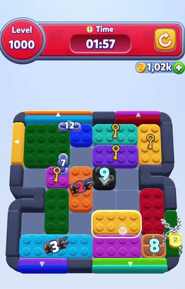 Уровень 1000 Color Block Jam: Поле с петардами и сцепленными блоками