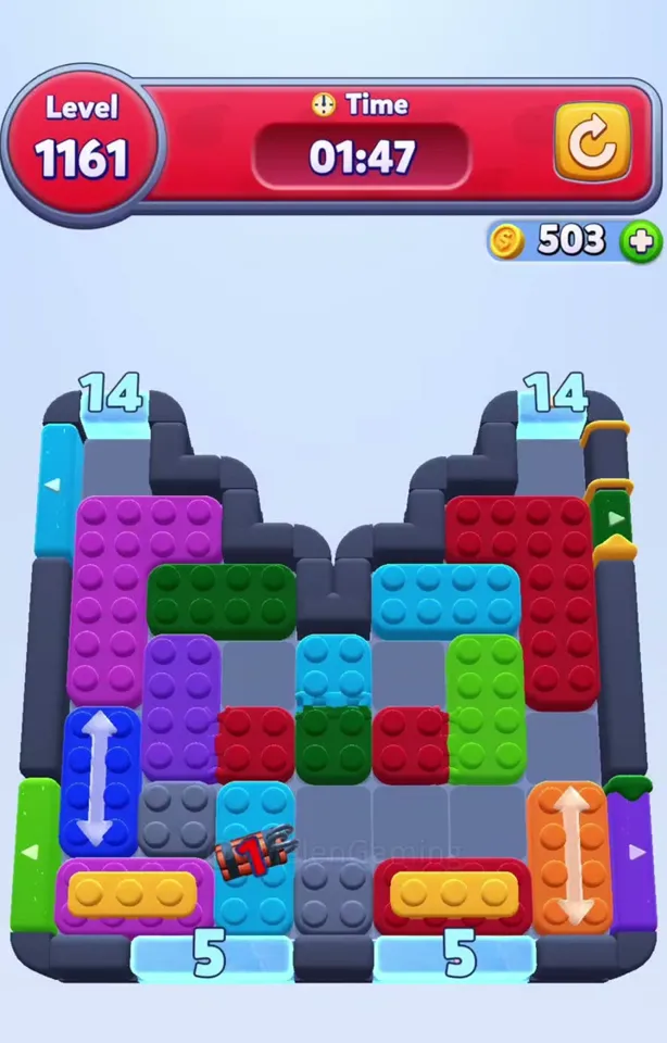 Уровень 1161 Color Block Jam: Поле с петардой и стрелками