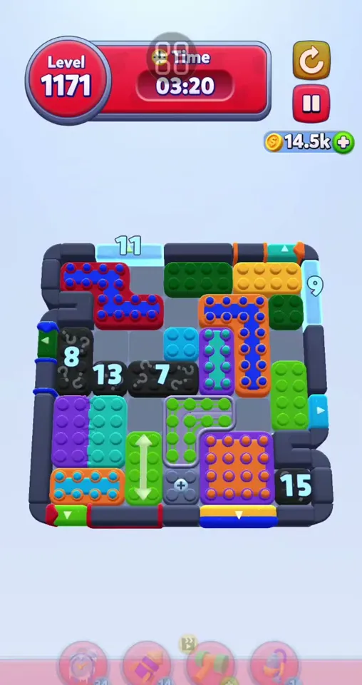 Уровень 1171 Color Block Jam: Поле с блоками «?» и льдом