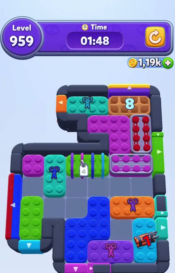 Уровень 959 Color Block Jam: Поле с ящиком и веревочным блоком